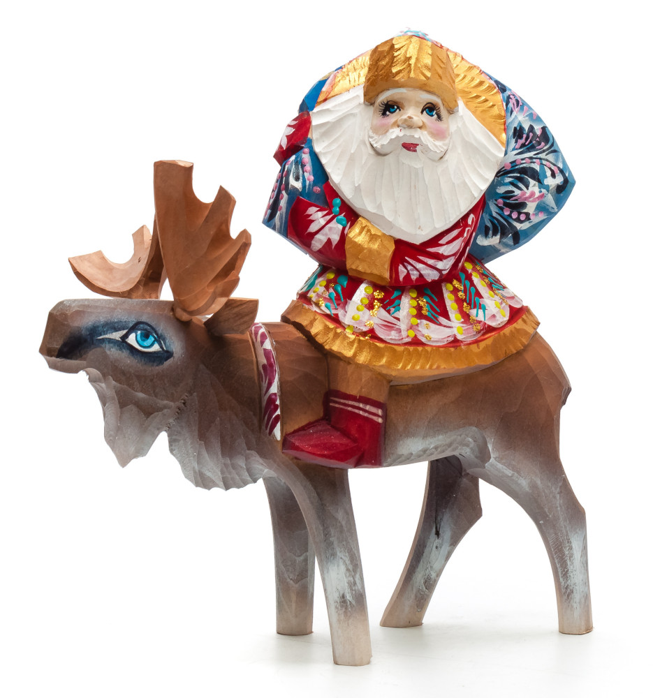 180 mm Santa with a Bag riding a Moose Carved Wood Hand Painted Collectible Figurine (by Igor Carved Wooden Figures Studio)