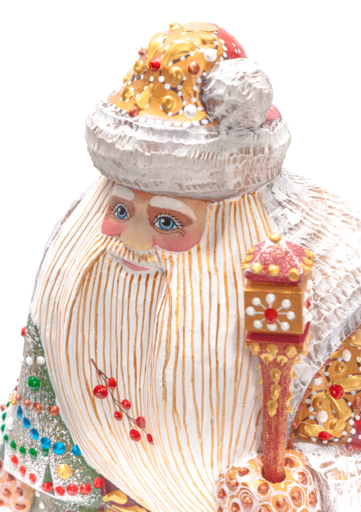 240 mm Santa with a Magic Staff and a Green Christmas Tree Carved Wood Hand Painted Collectible Figurine (by Natalia Nikitina Workshop)