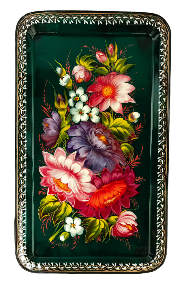 235x395 mm Zhostovo Patterns hand painted and lacquered by Blagova Metal Forged Green Tray (by Lada Crafts)