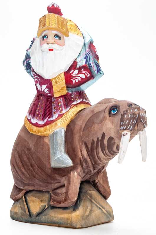 180 mm Santa with a Bag Riding the Walrus handpainted Wooden Carved Statue (by Igor Carved Wooden Figures Studio)