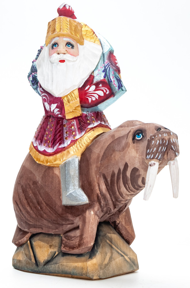 180 mm Santa with a Bag Riding the Walrus handpainted Wooden Carved Statue (by Igor Carved Wooden Figures Studio)