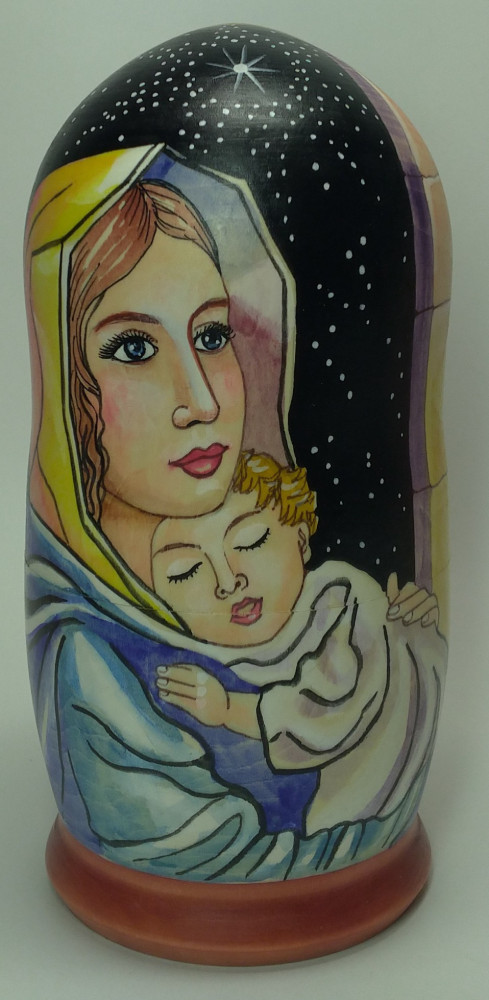 180mm Madonna with Christ hand painted on wooden Matryoshka doll 5 pcs (by Alexander Famous Paintings Studio)