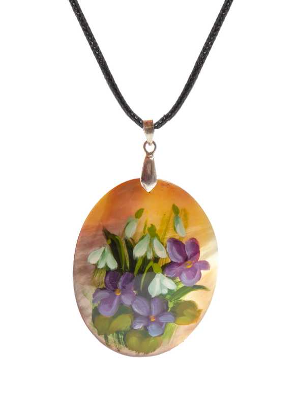 40x50 mm Flowers hand painted Nacre Pendant (by Tatiana Shkatulka Crafts)
