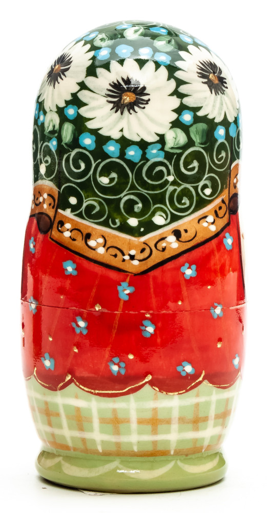 110 mm Russian Girl in Traditional Dress plays with Kitten hand painted wooden Matryoshka doll 5 pcs (by A Studio)