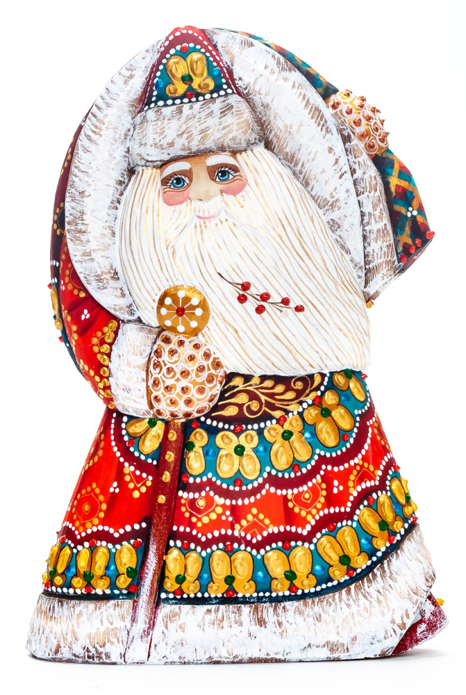 180 mm Santa with a Magic Staff and a Christmas Green Tree Carved Wood Hand Painted Collectible Figurine (by Natalia Nikitina Workshop)
