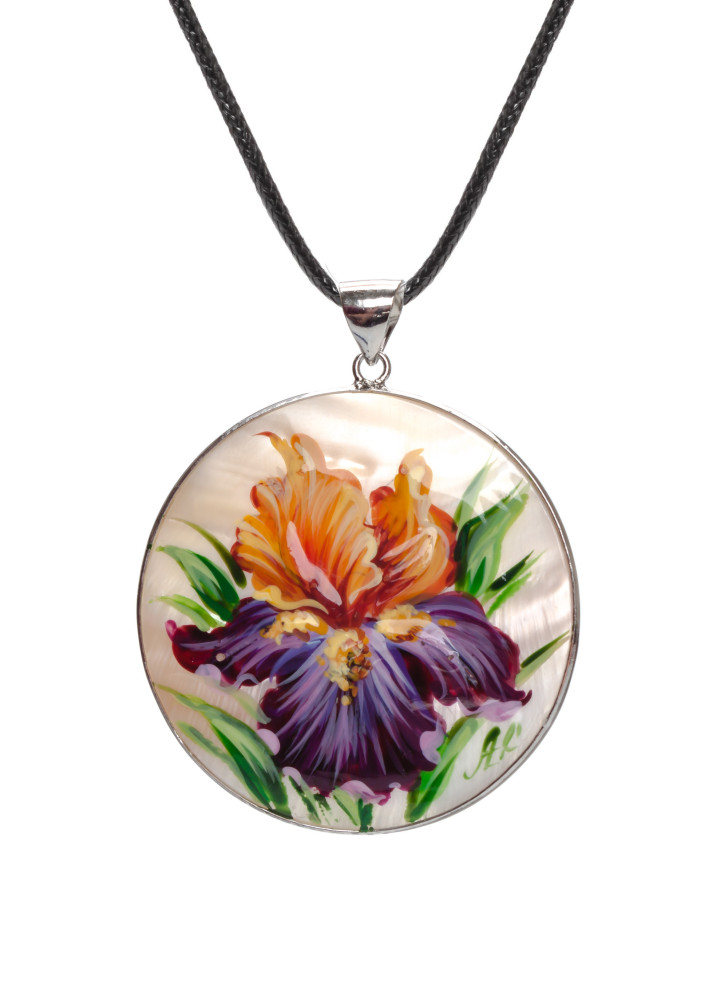 d50 mm Flower hand painted Nacre Pendant (by Tatiana Shkatulka Crafts)