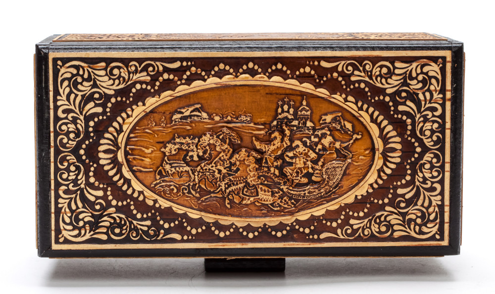 160x90mm Russian Troika hand made Birchbark Jewelry Box (by Maxim Birch)