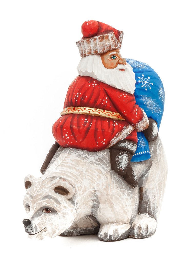 160 mm Santa with a Bag riding the Bear Carved Wood Hand Painted Collectible Figurine (by Sergey Christmas Workshop)