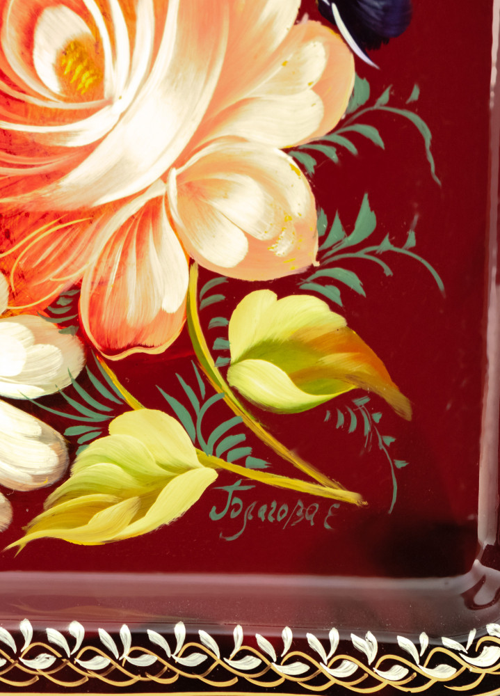 235x395 mm Zhostovo Patterns hand painted and lacquered by Blagova Metal Forged Carmine Tray (by Lada Crafts)