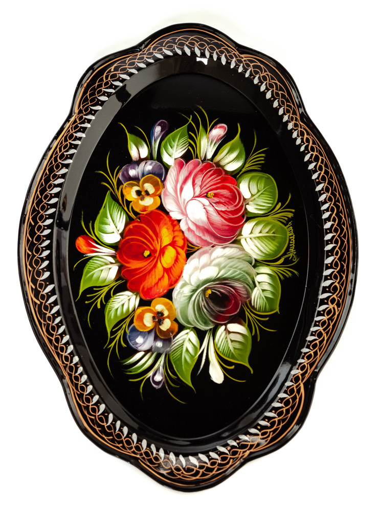 230x330 mm Zhostovo Patterns hand painted and lacquered by Anisimova Metal Forged Tray (by Lada Crafts)