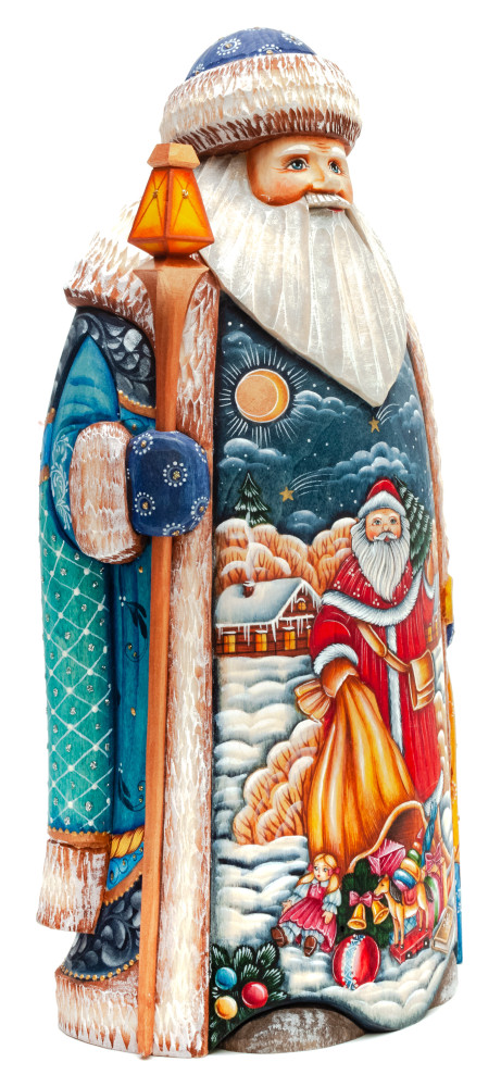 255 mm Santa Claus with hand painted Father Frost carrying Gifts Bag Wooden Carved Statue (by Sergey Christmas Workshop)