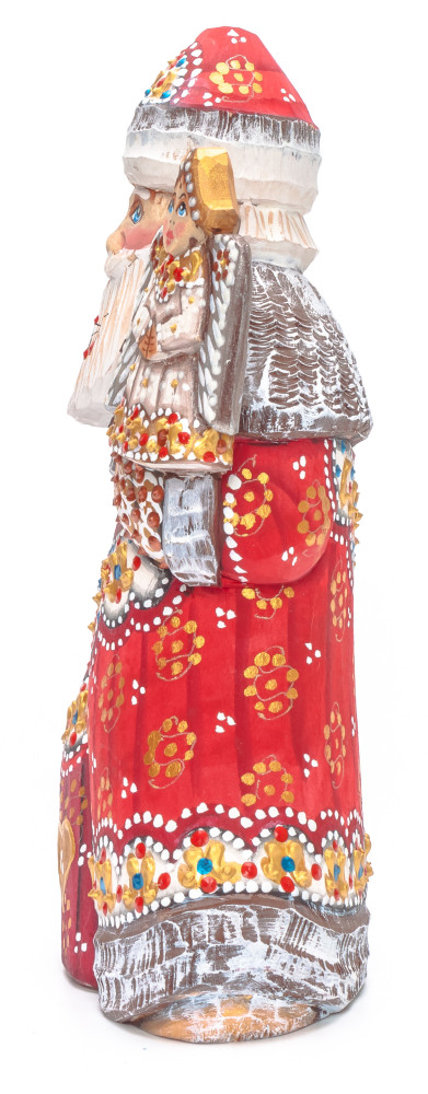 180 mm Santa with a Bag and an Angel Carved Wood Hand Painted Collectible Figurine (by Natalia Nikitina Workshop)