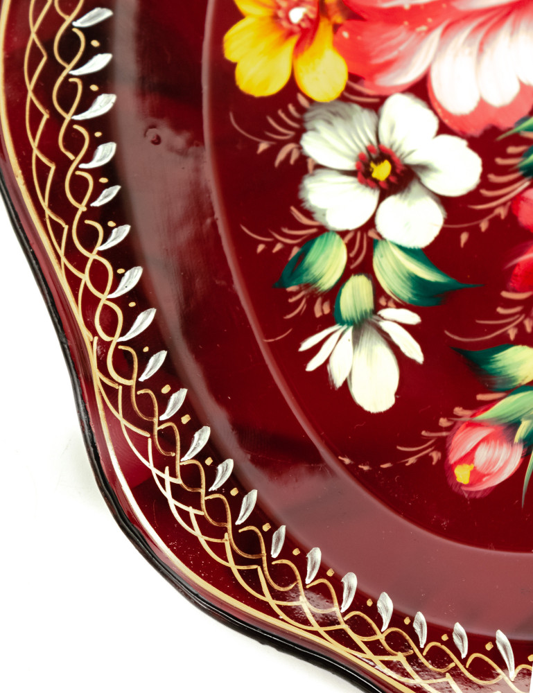 180x220 mm Zhostovo Patterns hand painted and lacquered Metal Forged Carmine Tray (by Lada Crafts)