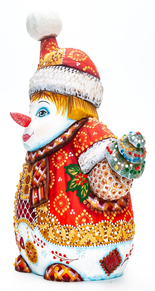 230 mm Snowman with a Christmas Green Tree hand painted wooden figurine (by Natalia Nikitina Workshop)