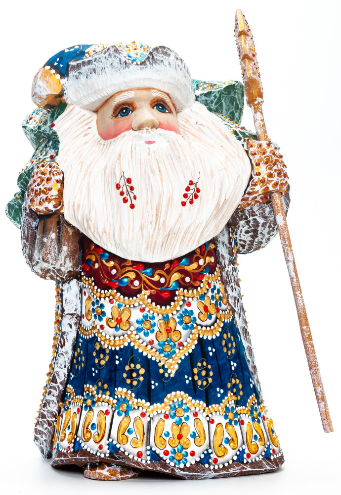 220 mm Santa with a Magic Staff and a Bag Carved Wood Hand Painted Collectible Figurine  (by Natalia Nikitina Workshop)