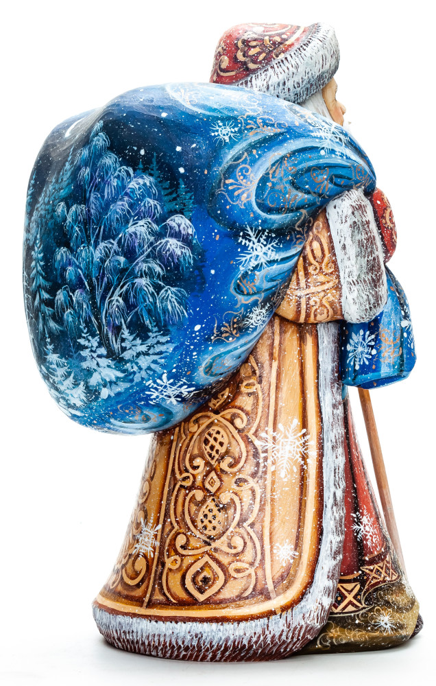 250 mm Santa with a Magic Staff and a Bag Carved Wood Hand Painted Collectible Figurine  (by Natalia Crafts)