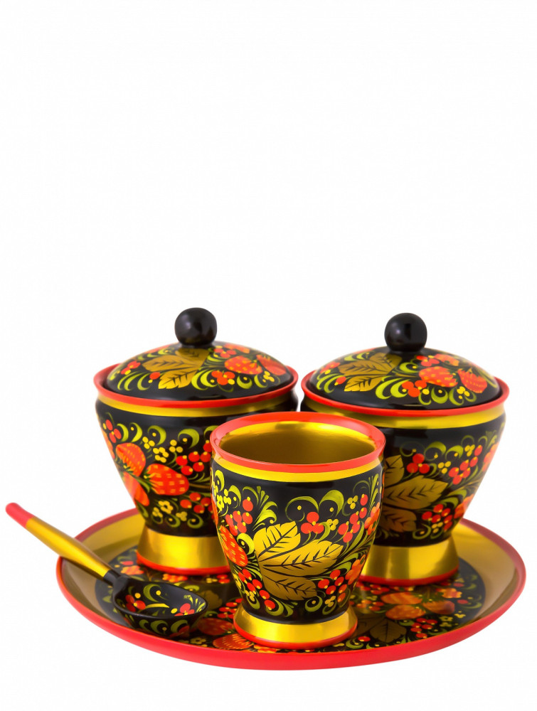 The Strawberry hand painted wooden Set of Two Sugar Bowls and Cup with a spoon on a tray (by Golden Khokhloma)