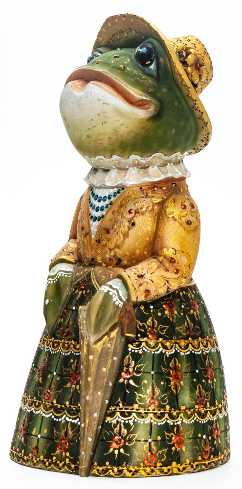 230 mm Frog with an Umbrella  hand painted Wooden Statue (by Natalia Nikitina Workshop)