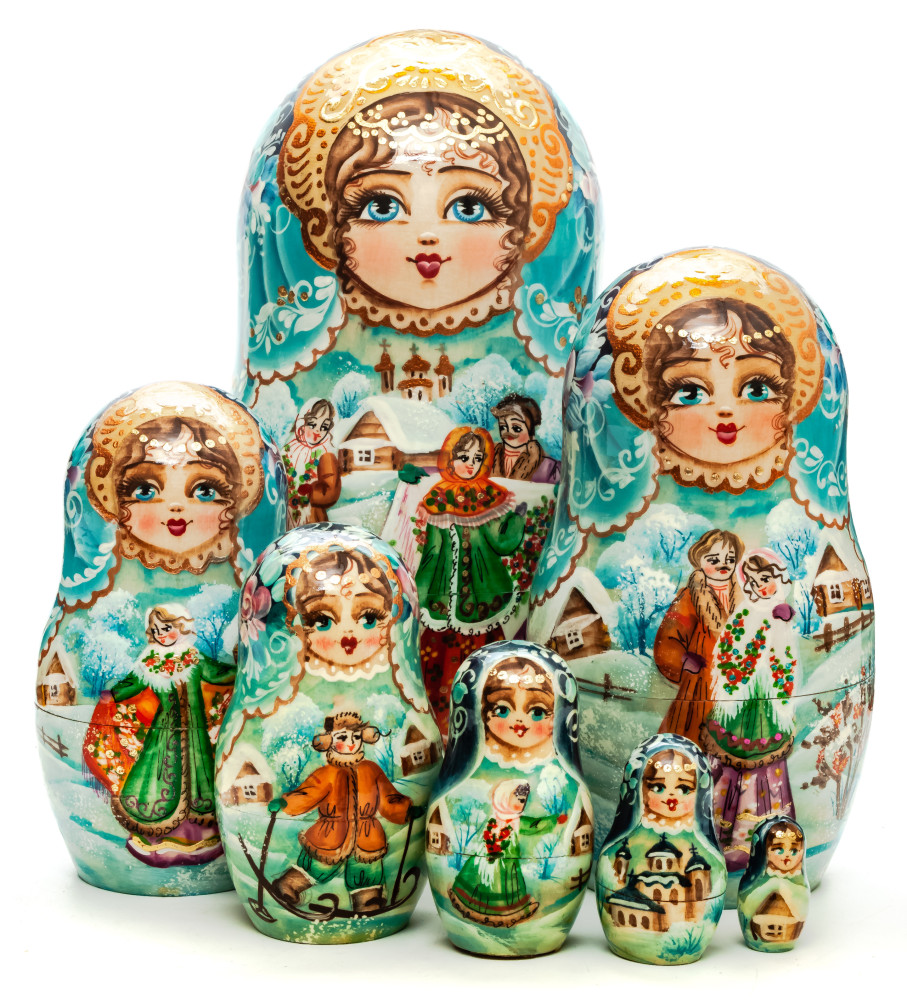 200 mm Russian Winter hand painted on Wooden Matryoshka doll 7 pcs (by Valeria Crafts)