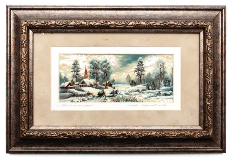 300x200 mm Winter Landscape hand painted on Nacre Fedoscino painting (by Tatiana Fedoscino Arts)