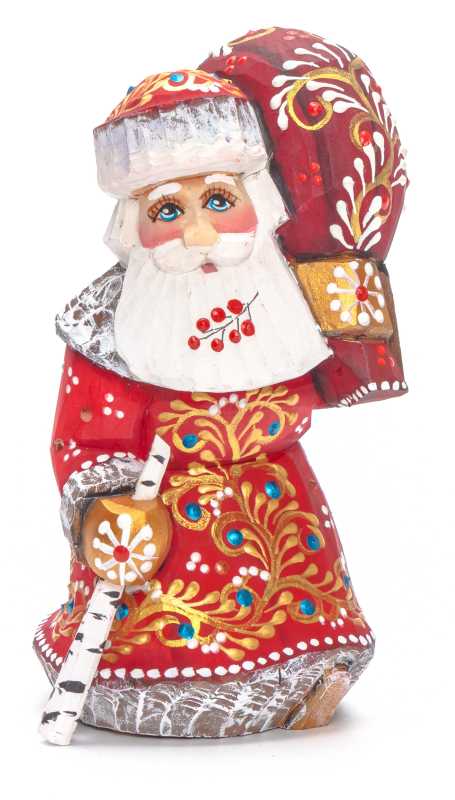 135 mm Santa with a Magic Staff and a Bag Carved Wood Hand Painted Collectible Figurine (by Natalia Nikitina Workshop)