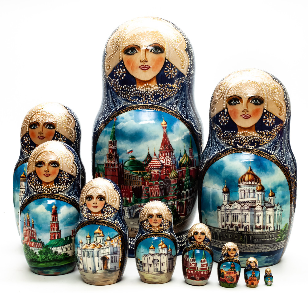 290 mm Moscow Saint Basil Cathedral hand painted on Wooden Matryoshka doll 7 pcs (by Trifinov Studio)