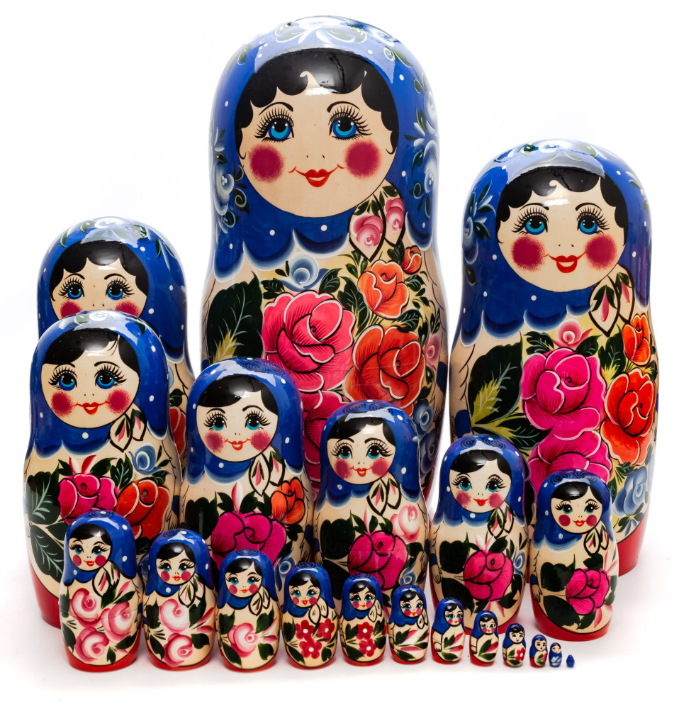 Dark Blue Scarf Russian hand painted Wooden Matryoshka with 20 dolls inside