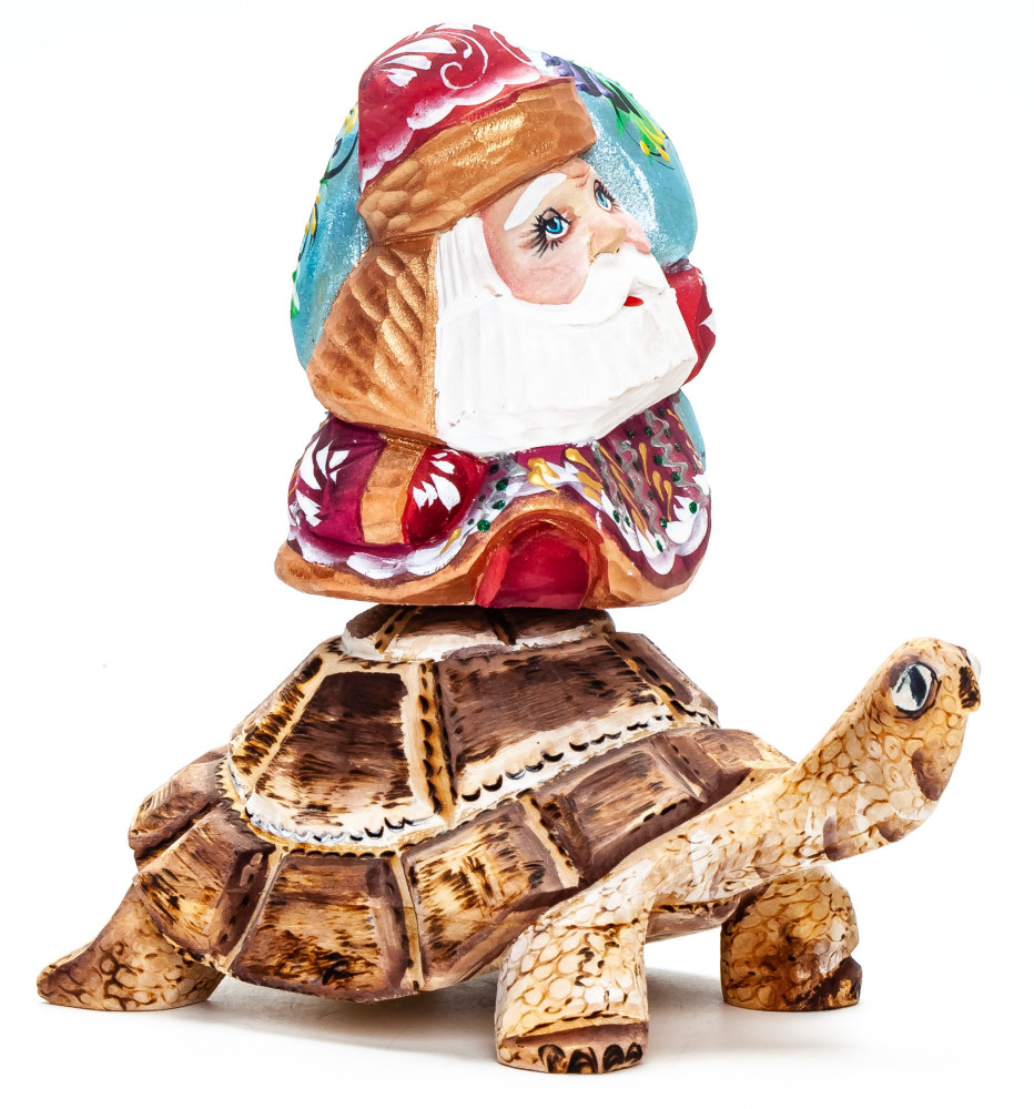 140 mm Santa with a Bag Riding the Turtle handpainted Wooden Carved Statue (by Igor Carved Wooden Figures Studio)