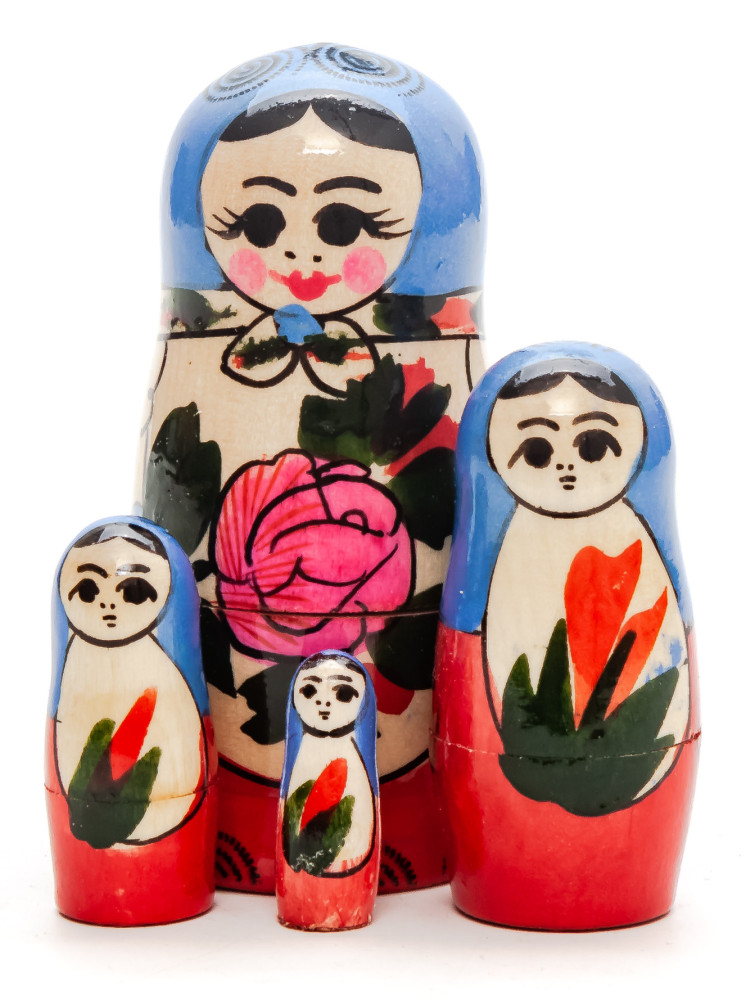 95 mm Blue Head Semenovskaya Hand Painted Wooden Matryoshka Nesting Doll 4 pcs inside  (by Ivan Studio)
