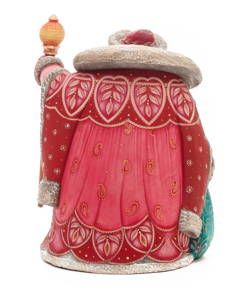 220 mm Santa with a Magic Staff and a Bag with hand painted Kids playing at the Green Christmas Tree Carved Wood Collectible Figurine (by Sergey Christmas Workshop)