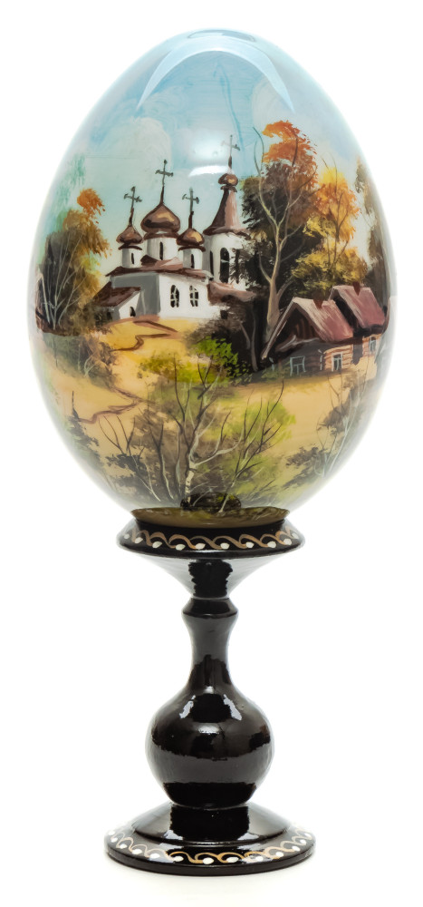 180mm Church in the Village hand painted wooden Egg with standby (by Tatiana Crafts)