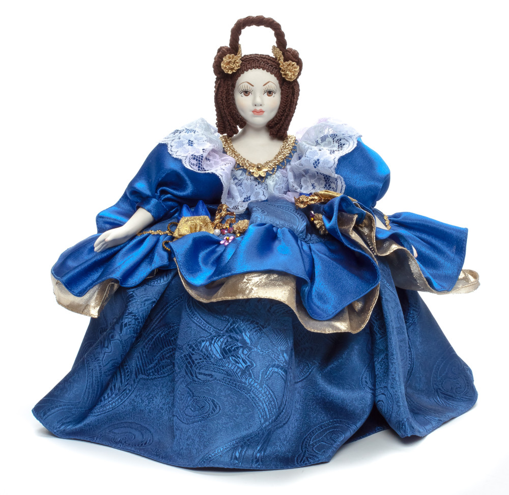 Young Lady in a Blue Dress Kettle Porcelain Doll Warmer - 15 Inches