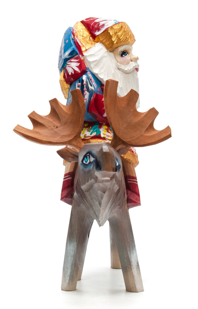 180 mm Santa with a Bag riding a Moose Carved Wood Hand Painted Collectible Figurine (by Igor Carved Wooden Figures Studio)