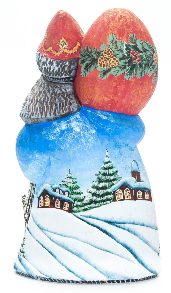 210 mm Santa with a Magic Staff and a Bag with handpainted Children making a Snowman Wooden Carved Statue (by Igor Carved Wooden Figures Studio)