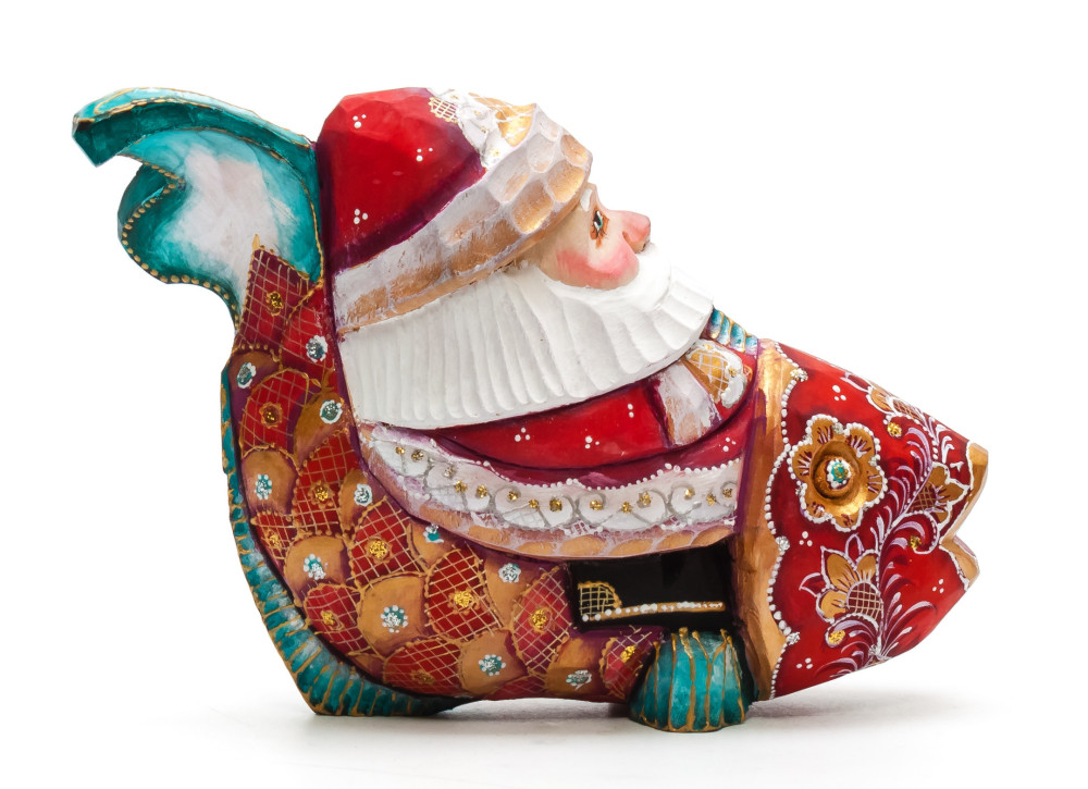 120 mm Santa with a Bag riding a Fish Carved Wood Hand Painted Collectible Figurine (by Igor Carved Wooden Figures Studio)