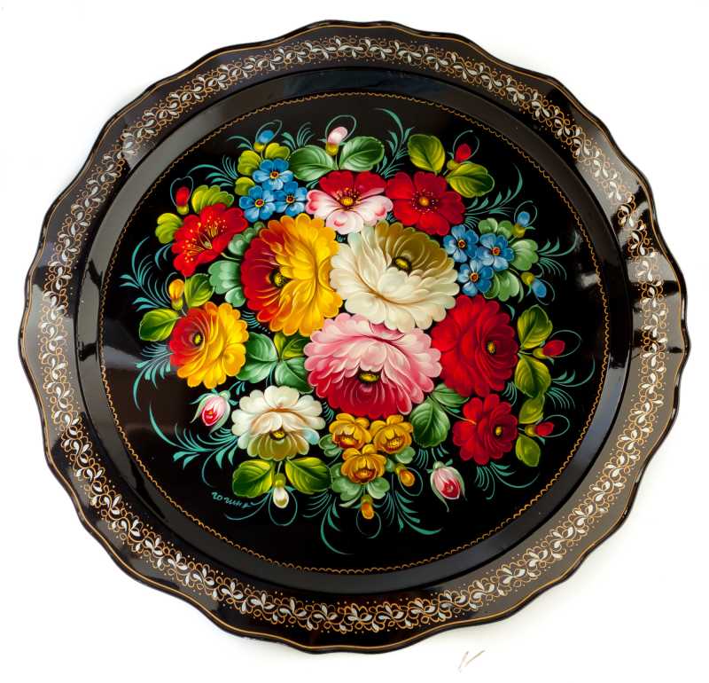d 450 mm Zhostovo Patterns hand painted and lacquered by Gogina Metal Forged Tray (by Lada Crafts)