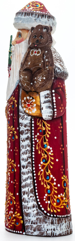 230 mm Santa with a Magic Staff and a Bear handpainted Wooden Carved Statue (by Natalia Nikitina Workshop)