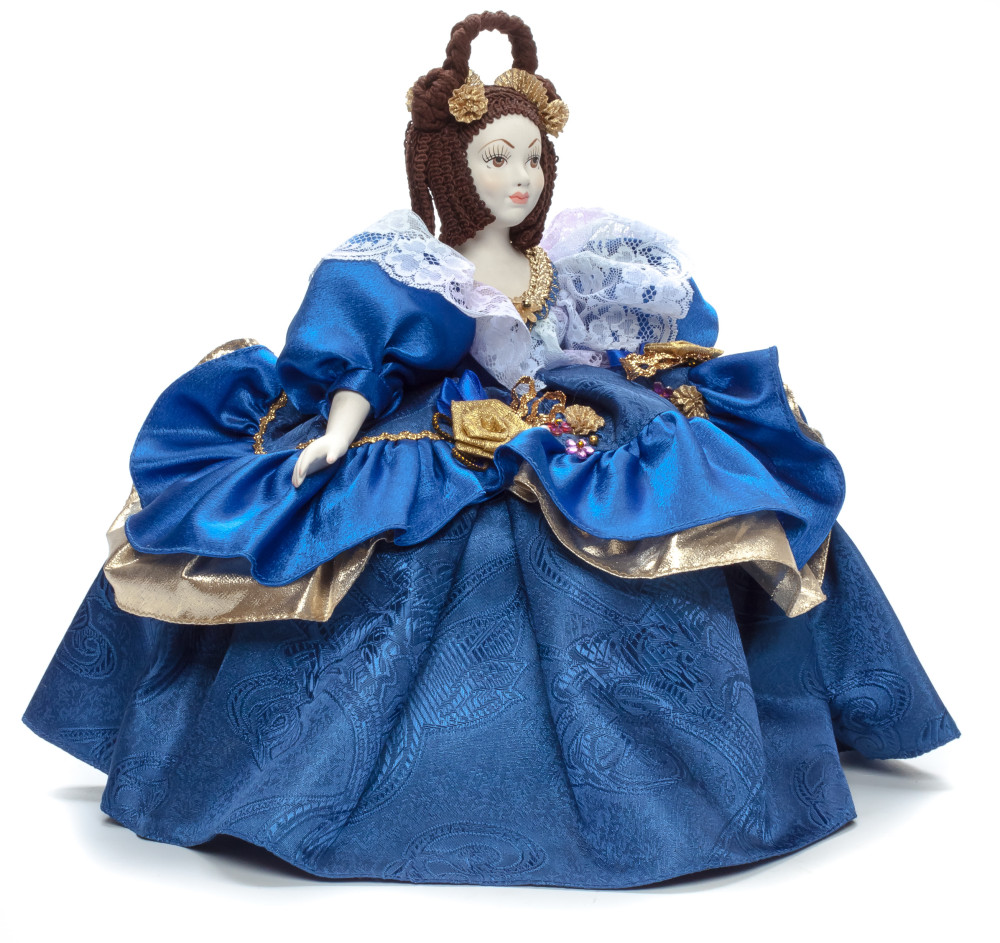 Young Lady in a Blue Dress Kettle Porcelain Doll Warmer - 15 Inches