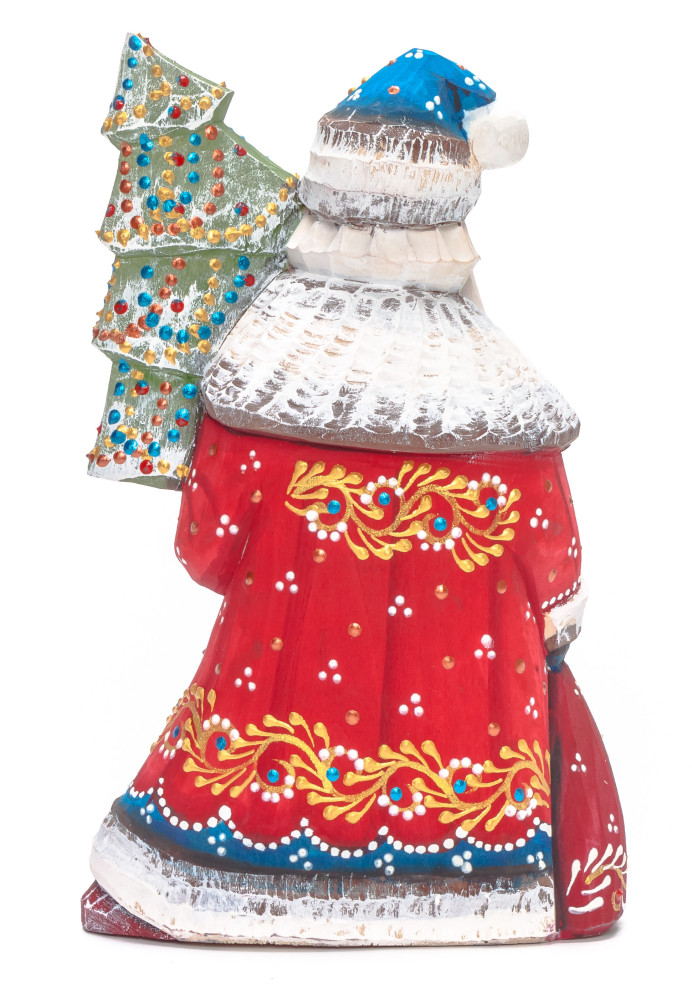 180 mm Santa with a Green Christmas Tree and a Bag Carved Wood Hand Painted Collectible Figurine (by Natalia Nikitina Workshop)