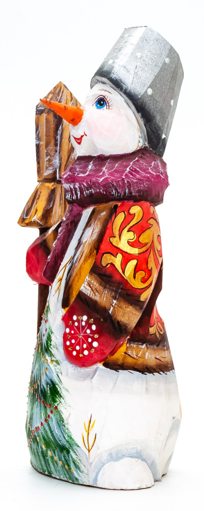 160 mm Snowman with a Broom hand painted wooden figurine (by Natalia Nikitina Workshop)
