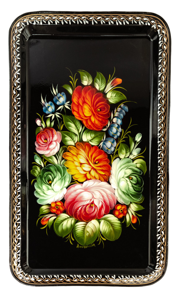 235x395 mm Zhostovo Patterns hand painted and lacquered by Anisimova Metal Forged Black Tray (by Lada Crafts)