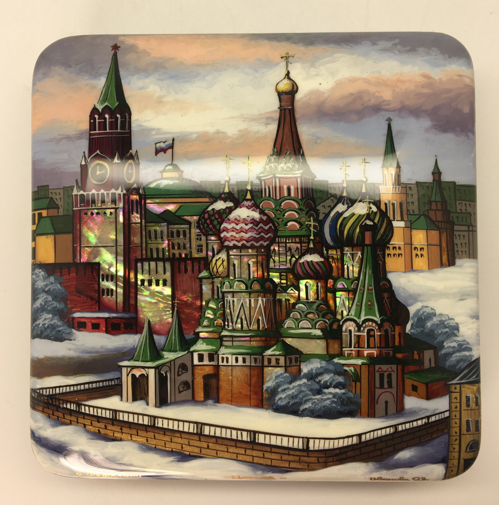 120 x 120 mm Moscow Winter hand painted lacquered box from Fedoscino (by Mihail Studio)