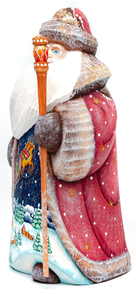 160 mm Santa Claus Hand Carved Wooden Figurine with painted picture Santa Claus flying over the Russian Village