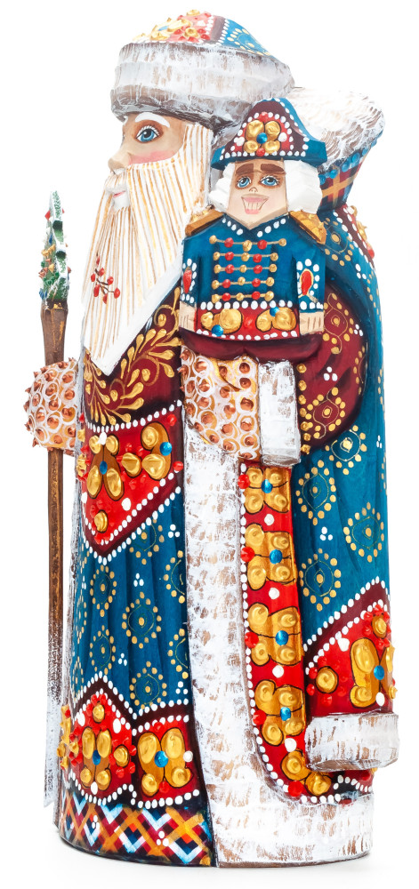 230 mm Santa with a Magic Staff and a Nutcracker Carved Wood Hand Painted Collectible Figurine (by Natalia Nikitina Workshop)