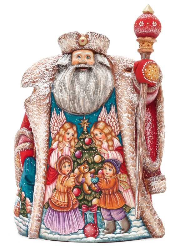 240 mm Santa with a Magic Staff and a Bag with hand painted Kids playing at the Green Christmas Tree Carved Wood Collectible Figurine (by Sergey Christmas Workshop)