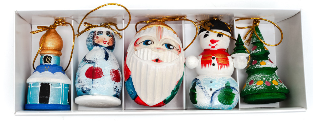 Santa and Snowmaiden Princess Carving Christmas Ornaments Set of 5 pcs (by Ilya Painted Dolls Studio)