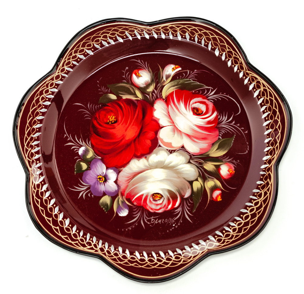 d 220 mm Zhostovo Patterns hand painted and lacquered by Blagova Metal Forged Carmine Tray (by Lada Crafts)