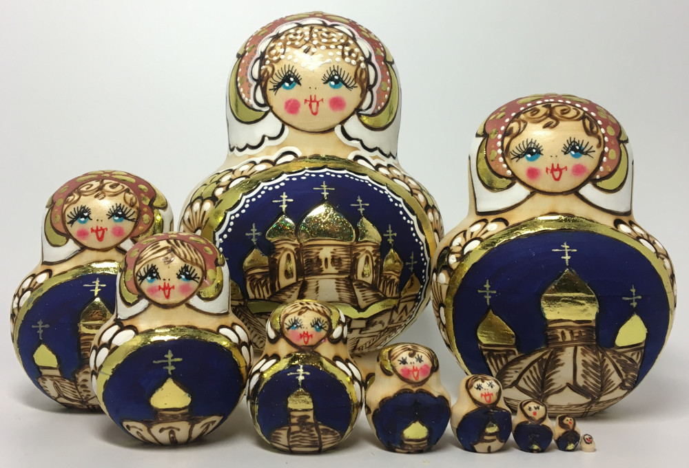 130 mm Moscow Cathedrals hand painted and burnt Wooden Matryoshka Doll 10 pcs (by Natalie Studio)