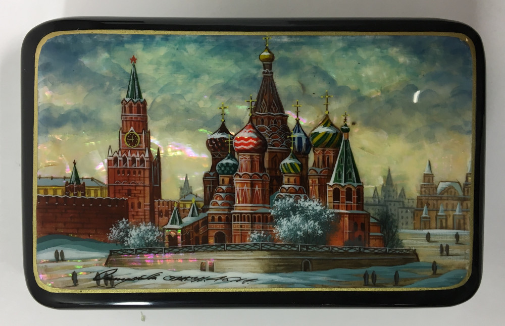 130x80 mm Moscow Snt Basil Cathedral and Red Square hand painted papier-mache lacquered Jewelry Box (by Tatiana Crafts)