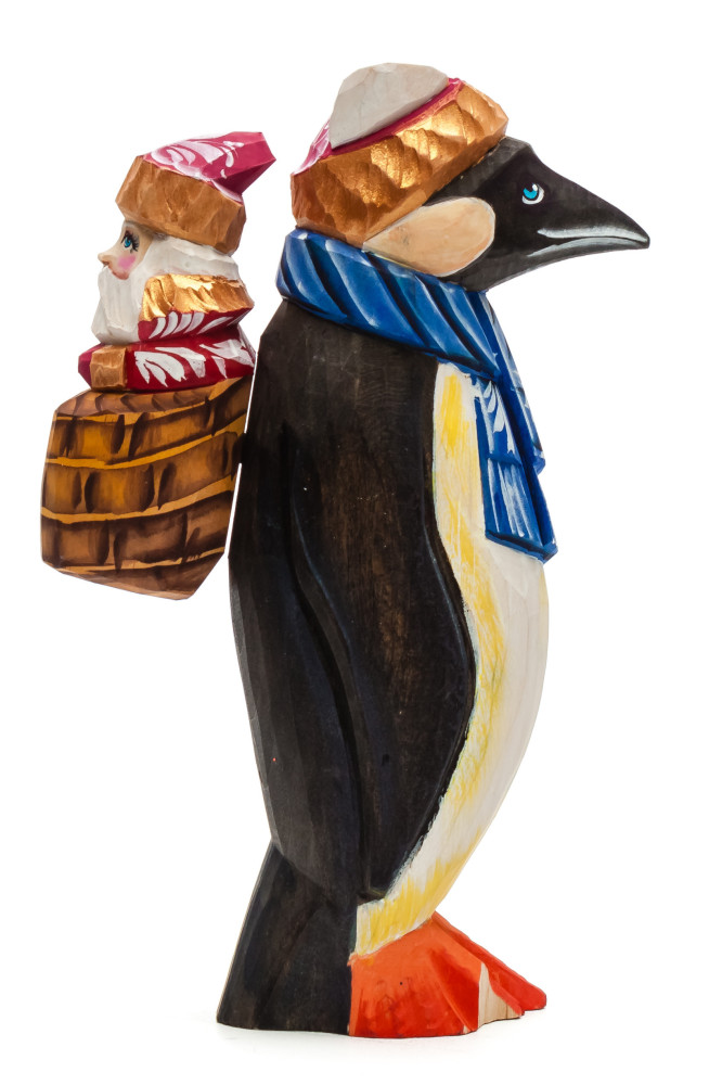 190 mm Santa sitting in a Penguin's Backpack Carved Wood Hand Painted Collectible Figurine (by Igor Carved Wooden Figures Studio)